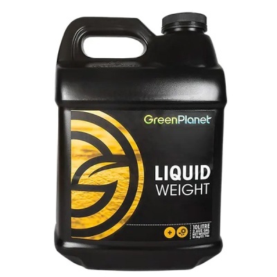 Frasco plástico preto com rótulo preto e amarelo, texto GreenPlanet LIQUID WEIGHT