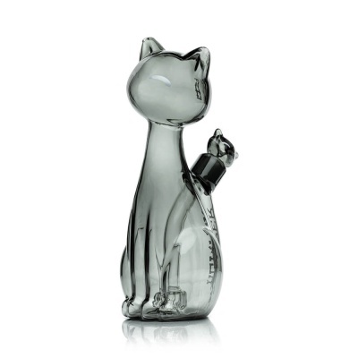 garrafa em forma de gato de vidro cinza com tampa preta
