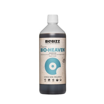 Garrafa plástica transparente com líquido escuro e rótulo bege do produto BIO-HEAVEN da marca BIOBIZZ