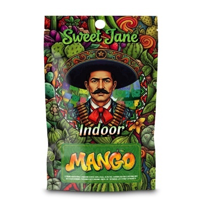 Embalagem colorida com ilustração de homem e texto Sweet Jane Indoor MANGO