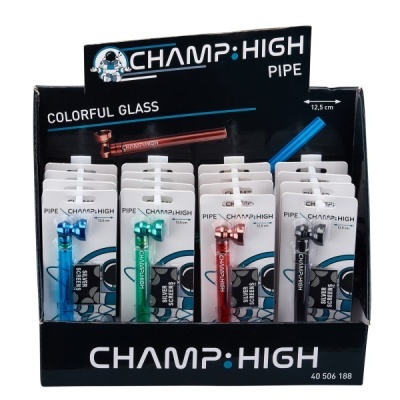 Expositor de cachimbos em vidro colorido CHAMP:HIGH com embalagens e suporte preto