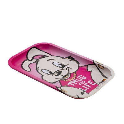 Tabuleiro retangular em metal com design de cão cartoon e texto THUG FOR LIFE