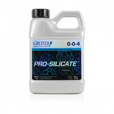 Recipiente de plástico cinza com rótulo azul e preto e texto GROTEK Pro-Silicate