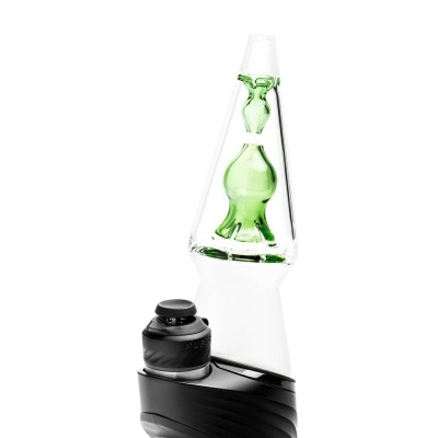 Dispositivo com base preta e vidro transparente contendo estrutura verde abstrata