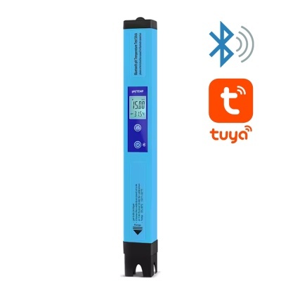 Medidor digital de pH e temperatura azul e preto com visor e botões