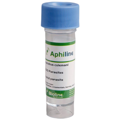 Frasco transparente com tampa azul do produto Aphiline da Bioline AgroSciences