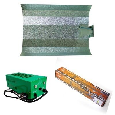 Conjunto de iluminação para cultivo com refletor metálico, transformador verde e caixa de lâmpada HS 400W.