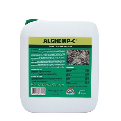 Recipiente branco de 5 litros com etiqueta verde do produto ALGHEMP-C alga de crescimento