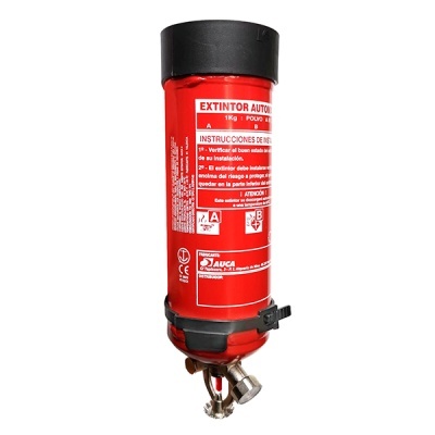 Extintor automático cilíndrico vermelho com tampa preta e texto em espanhol