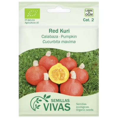 Embalagem de sementes orgânicas para abóbora Red Kuri com imagem de abóboras vermelhas