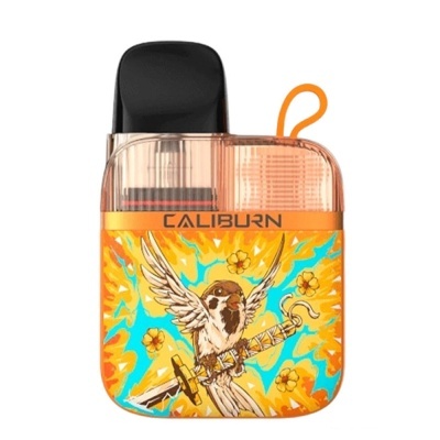 Dispositivo de vape CALIBURN laranja com ilustração colorida e parte superior transparente