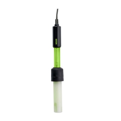 Sensor de pH SE220 com corpo preto, vidro verde, suporte branco e cabo preto