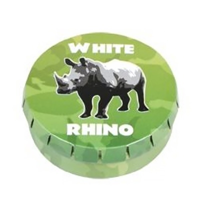 Embalagem redonda verde com rinoceronte e texto WHITE RHINO
