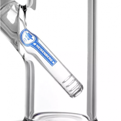 Cano de vidro transparente com etiqueta HEISENBERG azul