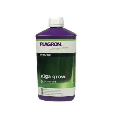 Frasco roxo de produto Plagron Alga Grow com rótulo branco e verde