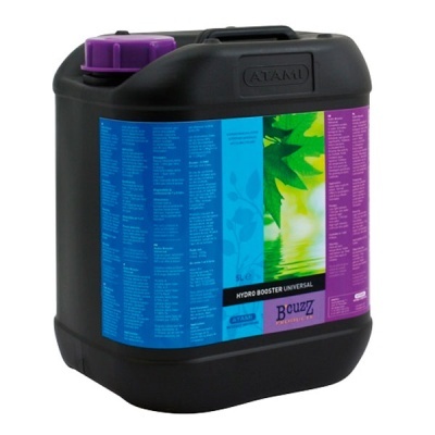 Recipiente preto de 5 litros com tampa roxa e etiqueta azul e roxa com texto e imagem de folhas verdes