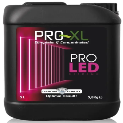 Recipiente preto com etiqueta preta rosa e verde e texto PRO-XL Completo Concentrado PRO LED Extreme