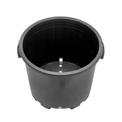 Vaso de plantas de plástico preto cilíndrico com alças laterais e orifícios no fundo