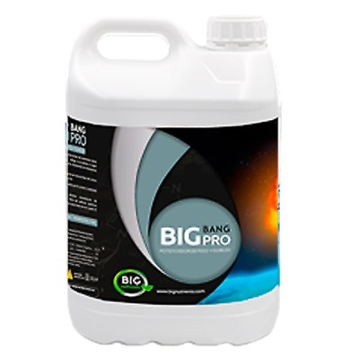 Recipiente plástico branco com rótulo preto e azul com texto BIG RANG PRO