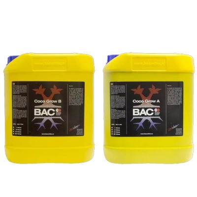 Dois recipientes amarelos de produto para cultivo Coco Grow A e B da marca BAC