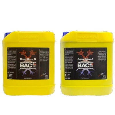 Dois recipientes amarelos de plástico com etiquetas COCO GROW A e B