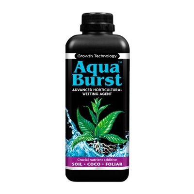Frasco preto de agente húmido para horticultura Aqua Burst com planta verde na etiqueta