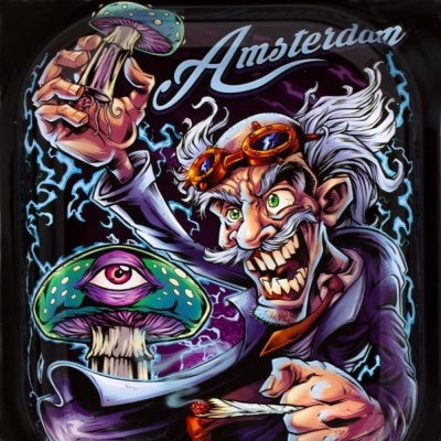 Ilustração de um cientista louco segurando um cogumelo com um olho e um cigarro, com a palavra Amsterdam