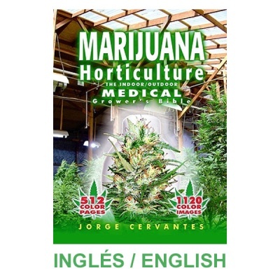 Capa do livro sobre horticultura de marijuana com plantas e texto informativo em fundo de estufa