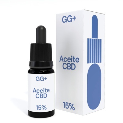 Frasco de óleo CBD 15% com conta-gotas e embalagem branca ao lado