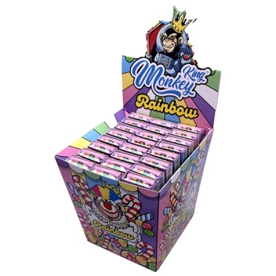 Expositor de papel com caixas pequenas cor-de-rosa e ilustrações coloridas de palhaços e macacos