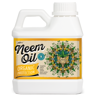 Frasco branco plástico com etiqueta amarela de óleo neem orgânico e ilustração verde