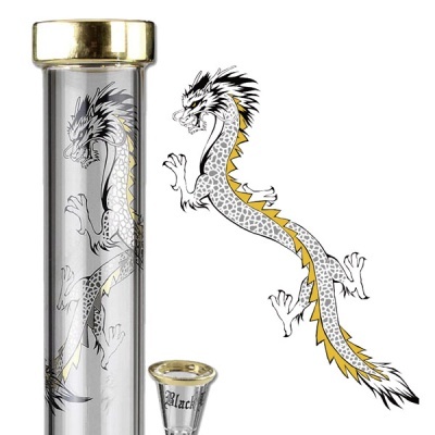 Tubo de vidro com tampa dourada e desenho de dragão