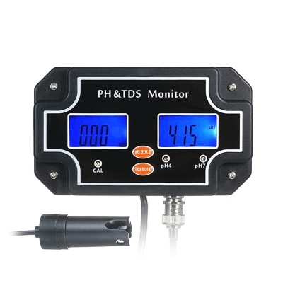 Monitor PH & TDS preto com ecrãs digitais azuis e botões laranja