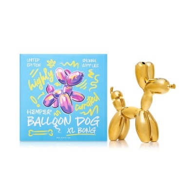 Bong em forma de cão balão dourado com caixa azul colorida