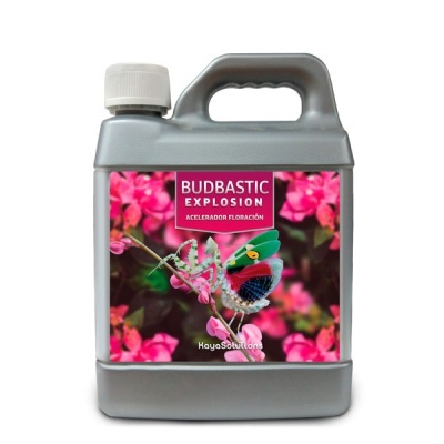 Embalaem plástico cinzenta com rótulo colorido de flores e texto BUDBASTIC EXPLOSION