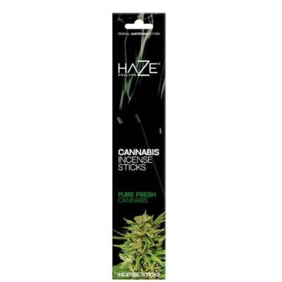 Embalagem preta de incensos cannabis Haze Holland com texto e imagem da planta