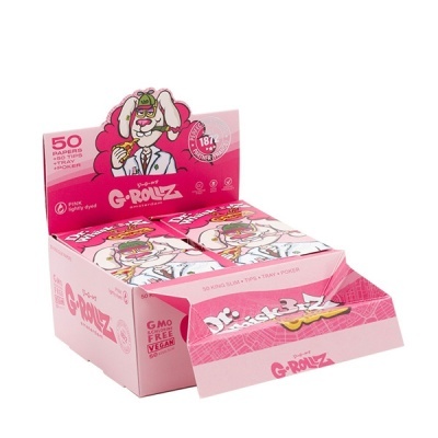 Caixa rosa de papel de enrolar G-ROLLZ com ilustração de coelho e texto