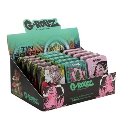 Expositor com caixas de lata G-Rollz Amsterdam coloridas com ilustrações femininas