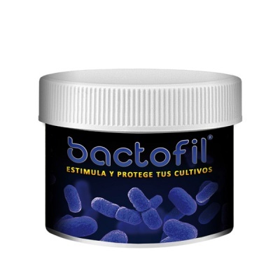 Frasco branco de produto bactofil com tampa e rótulo preto com texto amarelo e bactérias azuis