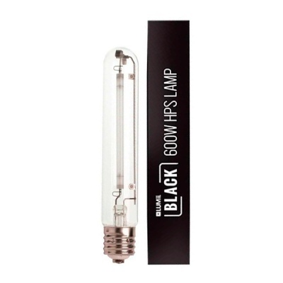 Lâmpada tubular transparente e embalagem preta com texto branco