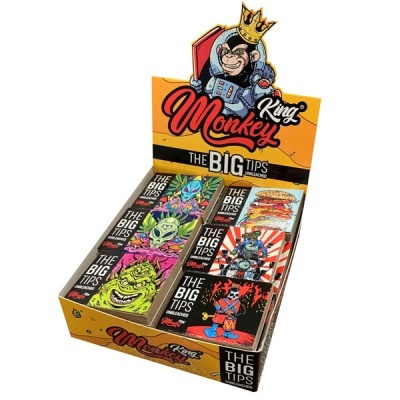 Expositor colorido de papel para enrolar tabaco King Monkey com várias embalagens ilustradas