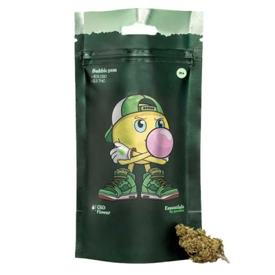 Embalagem preta para CBD com desenho e texto, e ramo de flor