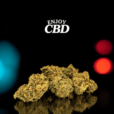 Bouquets de flor de cânhamo cannabis com texto Enjoy CBD no fundo preto