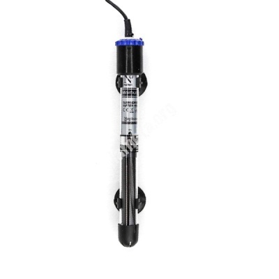 Sensor ou aquecedor cilíndrico preto e azul com cabo elétrico e texto técnico