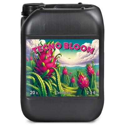 Frasco de plástico negro com rótulo colorido de plantas e texto TECNO BLOOM