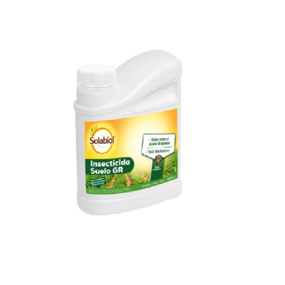 frasco plástico branco com rótulo amarelo e verde de insecticida Solabiol
