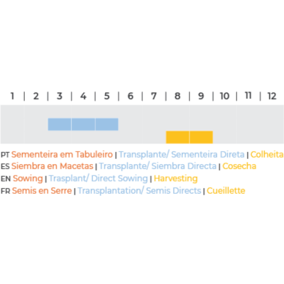 Tabela com meses do ano e fases dos ciclos agrícolas em português, espanhol, inglês e francês