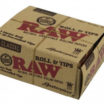 Embalagem de papel para enrolar tabaco RAW castanha com texto vermelho e preto