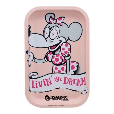 Tabuleiro rosa com grafiti de rato e texto Livin The Dream