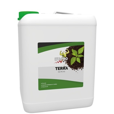 Recipiente branco de fertilizante HY-PRO TERRA com tampa verde e rótulo com planta e terra